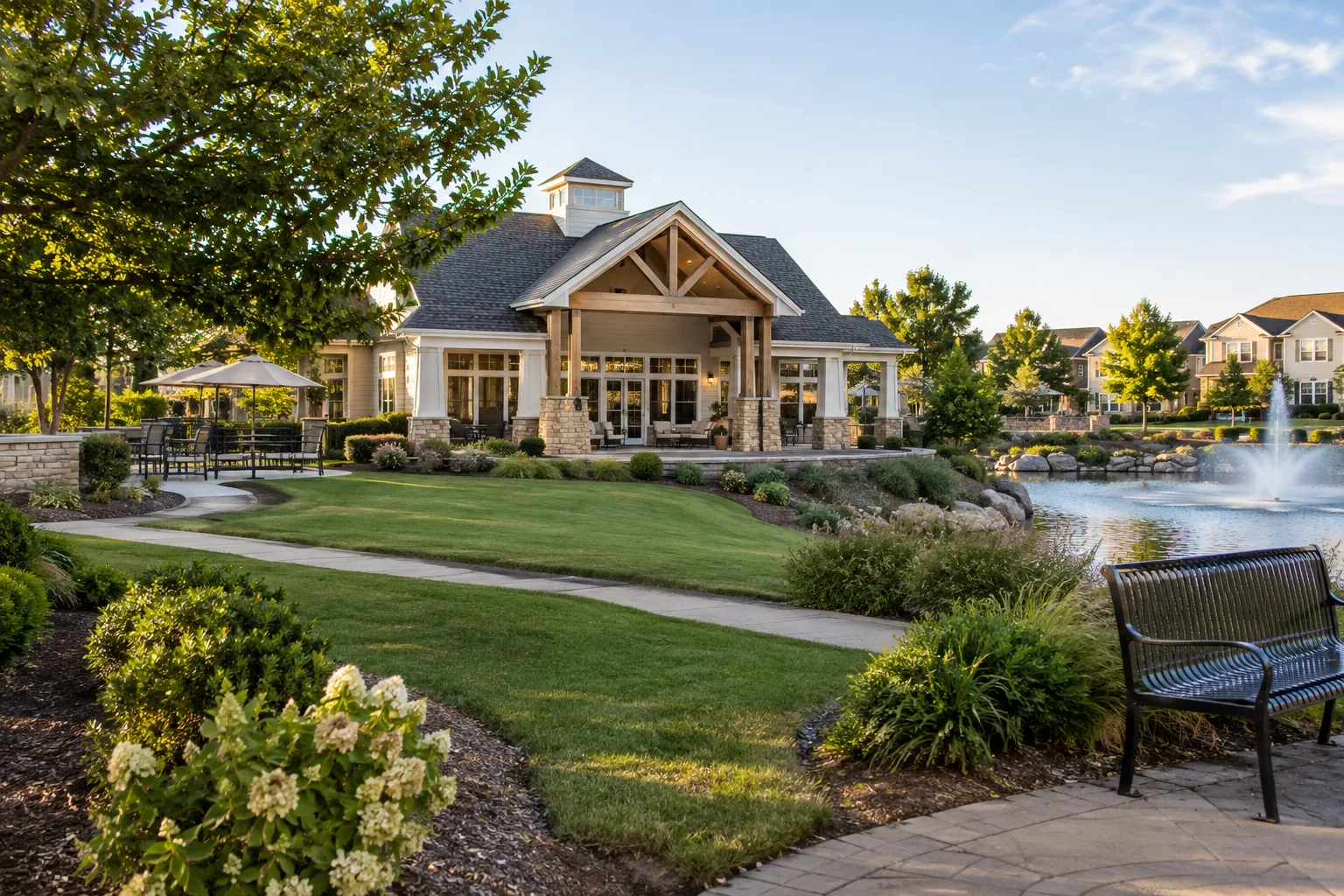 homeowners association clubhouse and landscaped common grounds