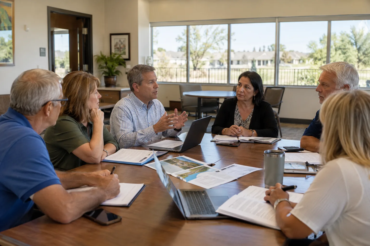 HOA board members meeting around a table in a community room