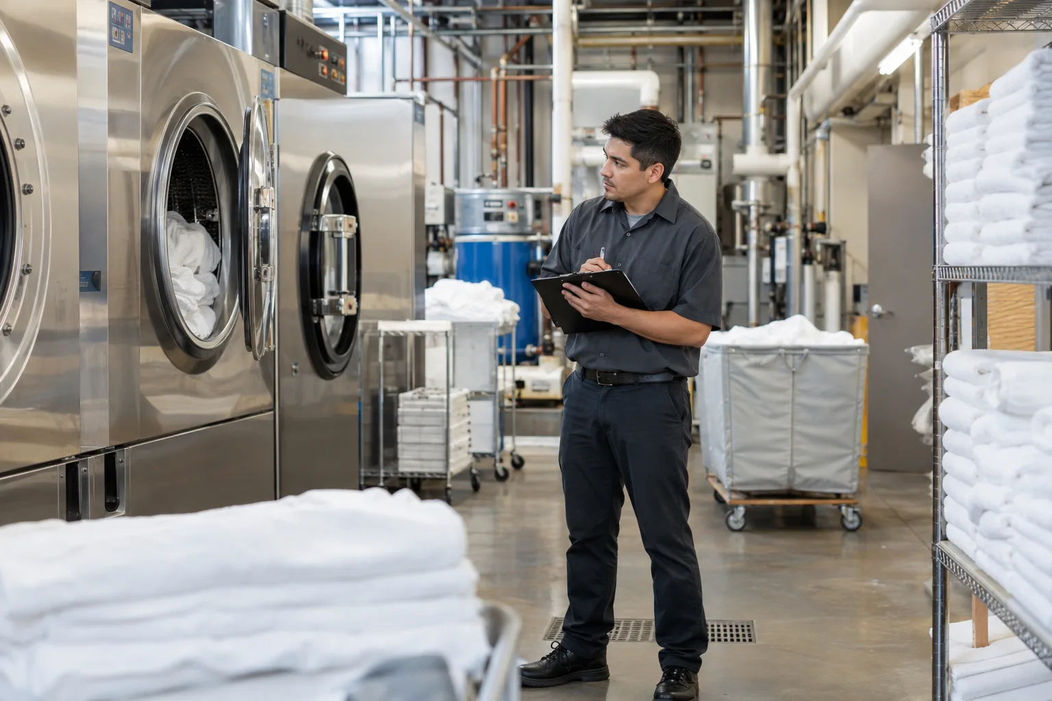 hotel engineering employee inspecting a clean laundry and equipment room
