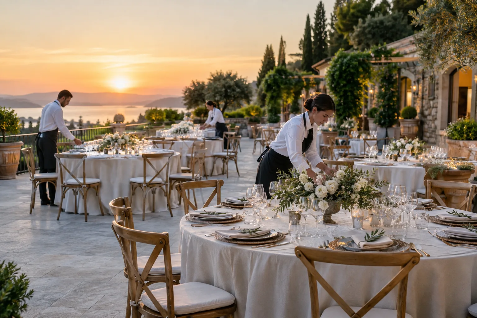 hospitality venue setting a banquet terrace for a private event