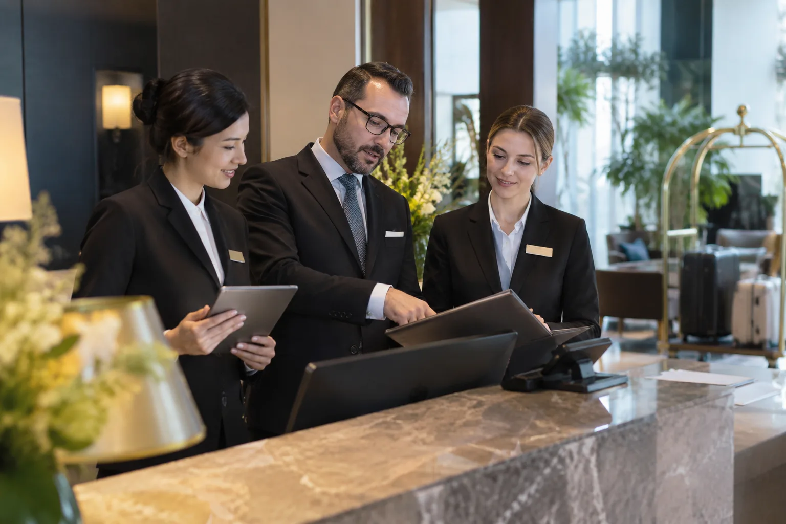 hospitality manager and front desk staff planning operations