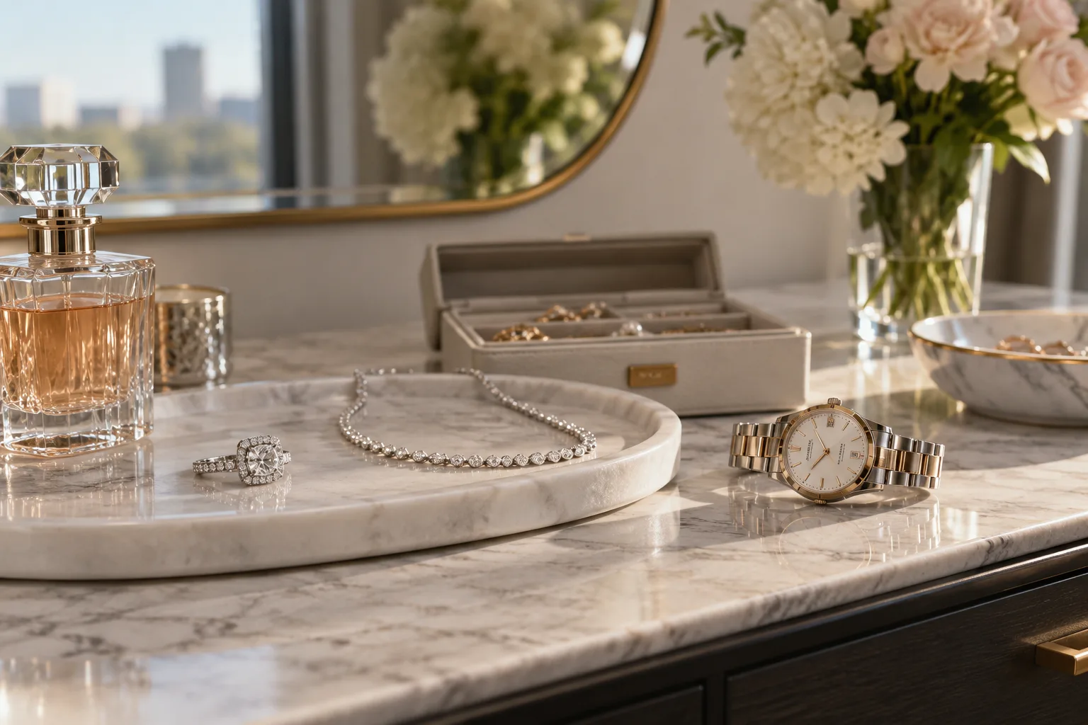 elegant personal jewelry collection with ring, necklace and watch on a tasteful dressing table