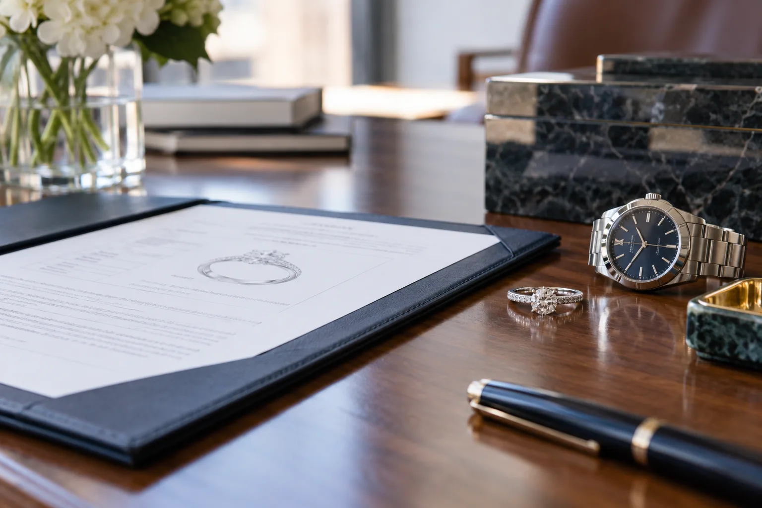 close-up of an engagement ring and watch arranged beside an appraisal folder