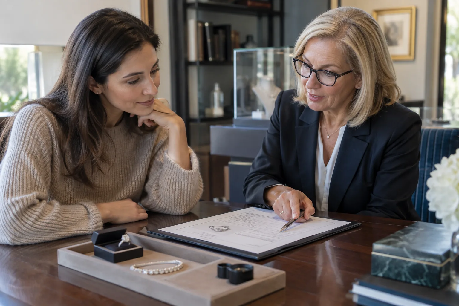 owner reviewing a jewelry appraisal with a professional advisor