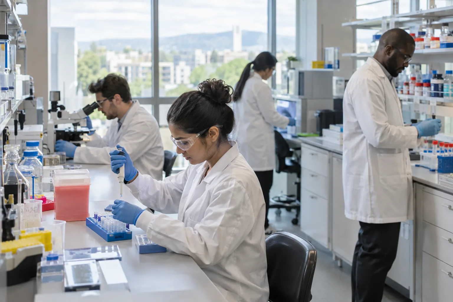biotechnology research team in a modern well-organized laboratory
