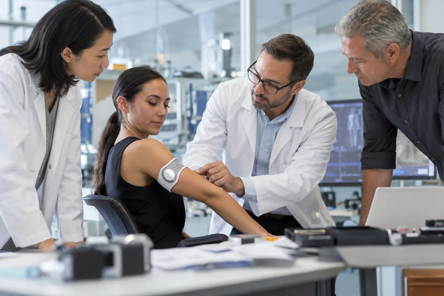 medical device development team inspecting a noninvasive prototype