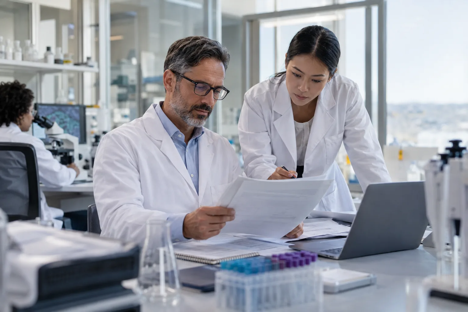 life-sciences professionals reviewing research documentation in a laboratory office