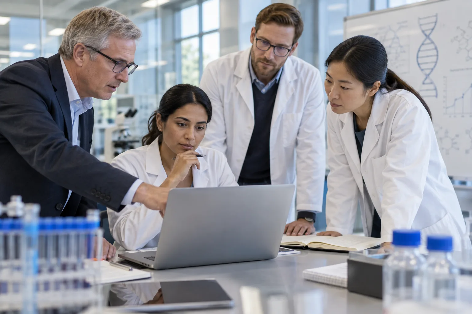 biotechnology leadership team planning a new research milestone