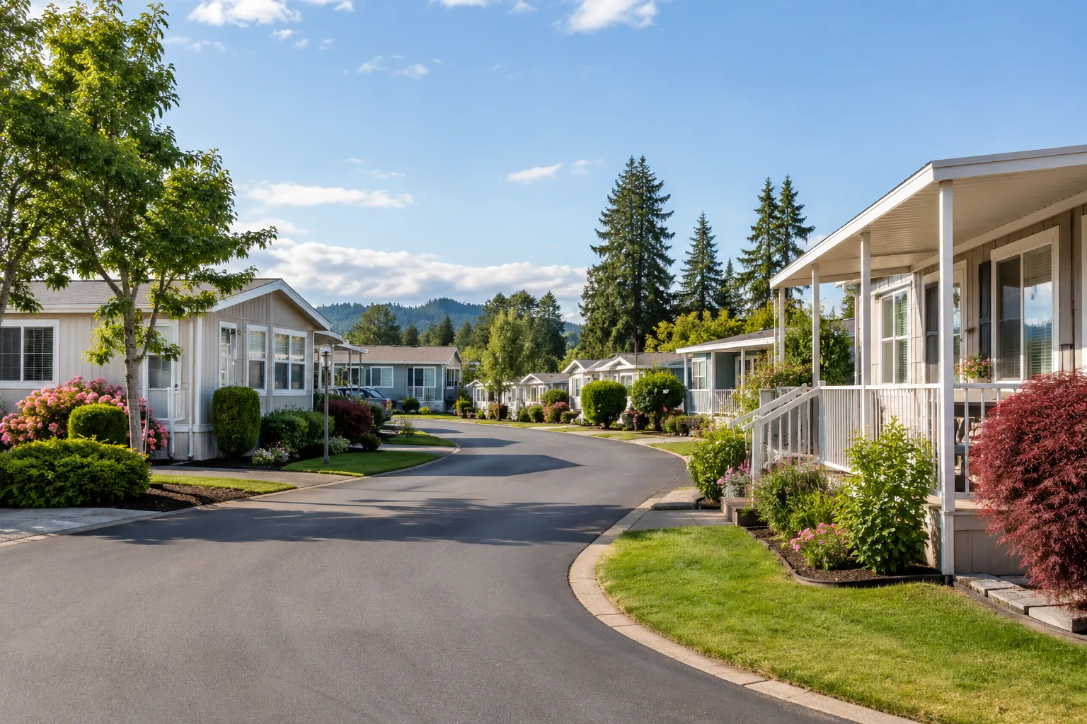 neat manufactured home community with maintained streets and landscaping