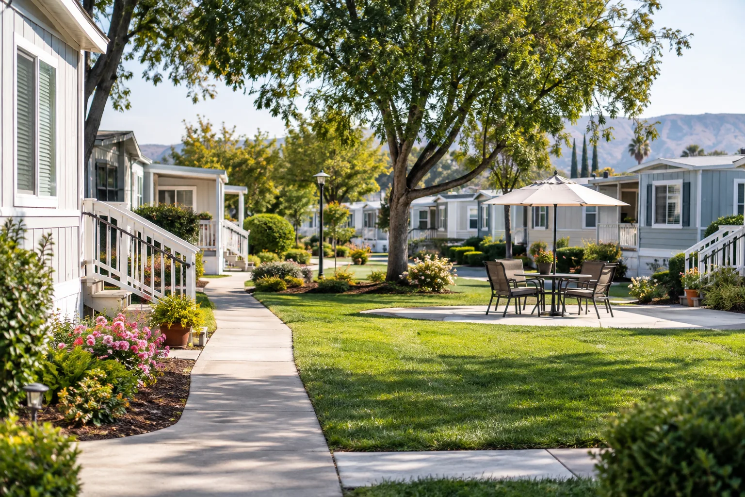 well-kept mobile home park walkway and shared landscaped courtyard