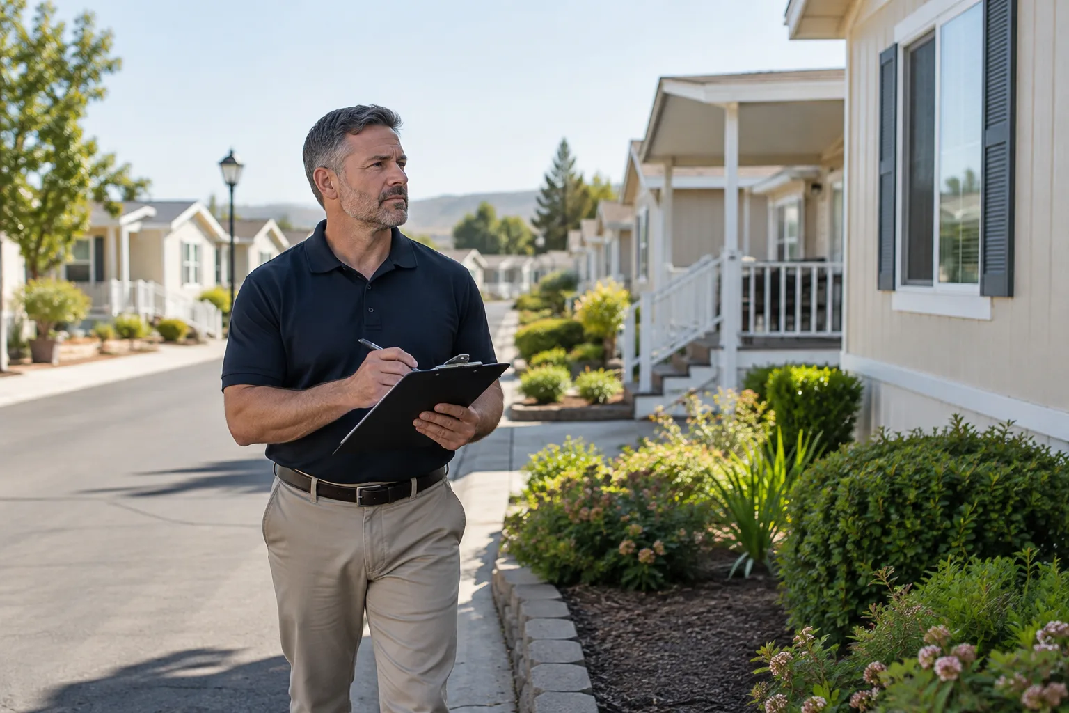 manufactured housing community manager inspecting a maintained property