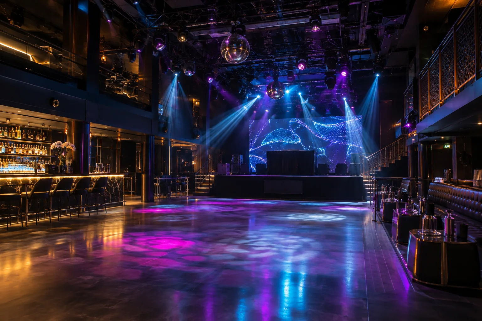 professional nightclub interior with dramatic stage lighting and empty dance floor before opening