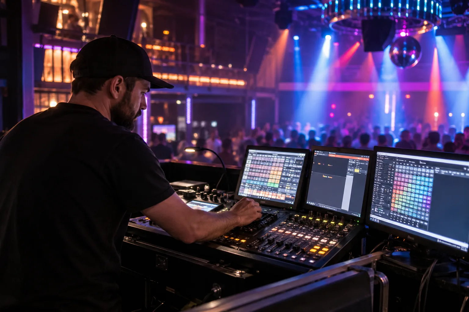 audio technician inspecting nightclub sound and lighting controls