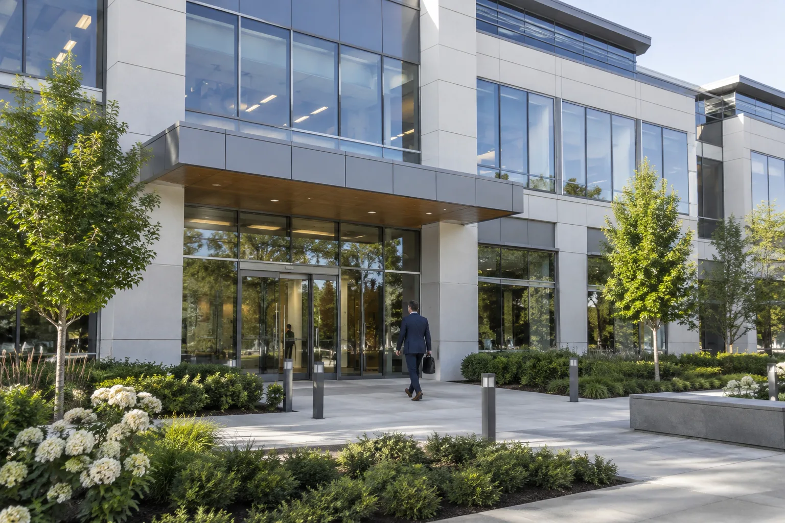 modern mid-rise office building exterior with landscaped entrance