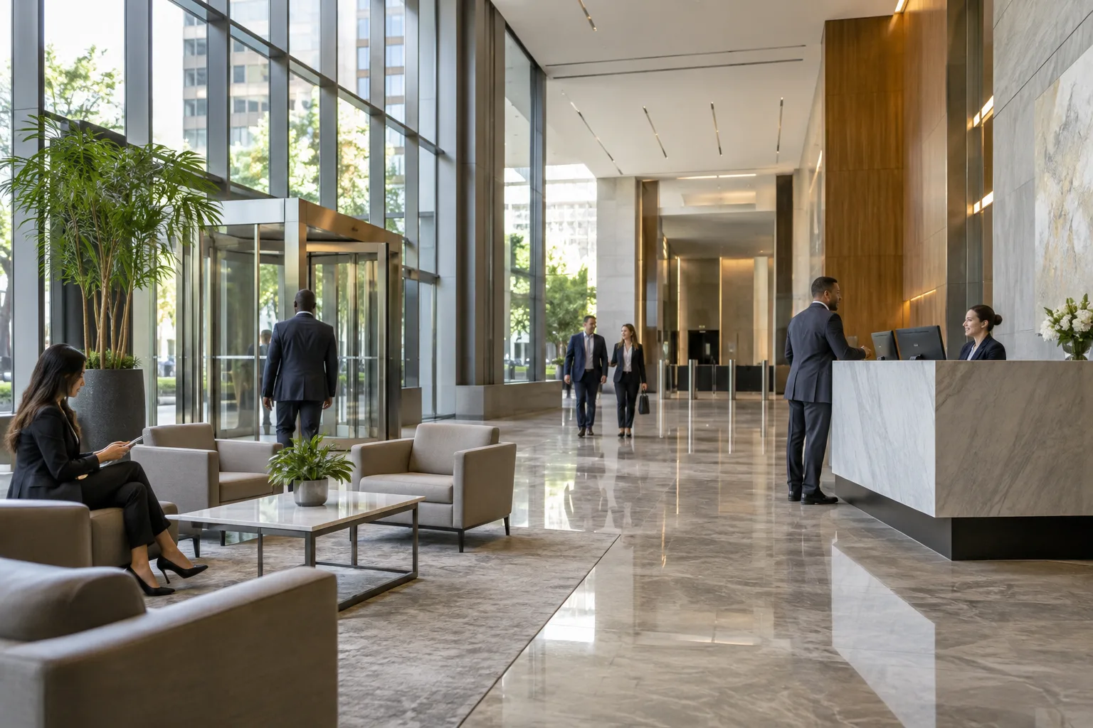 office building lobby with quality finishes and modern systems