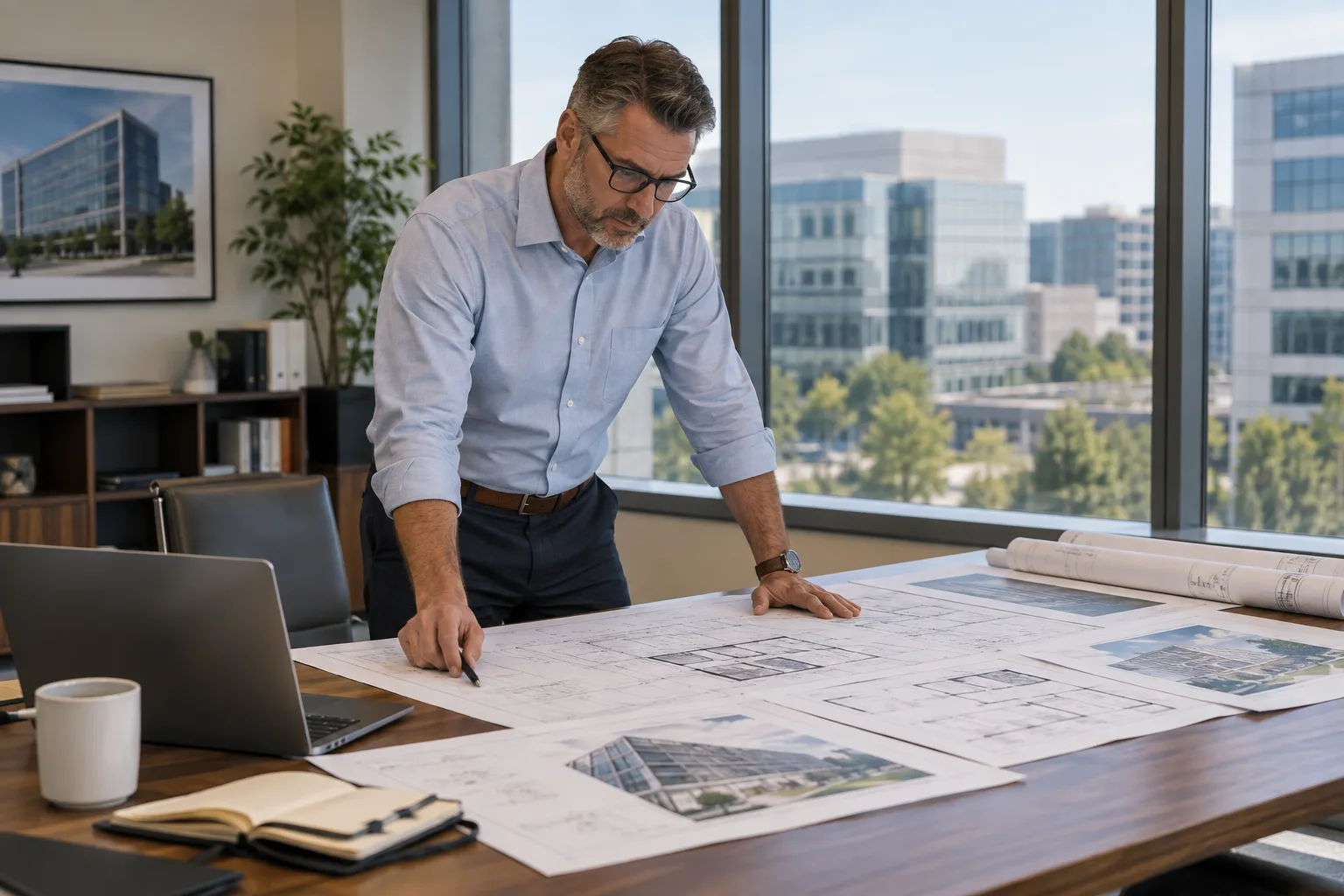 commercial property manager reviewing multiple office building plans