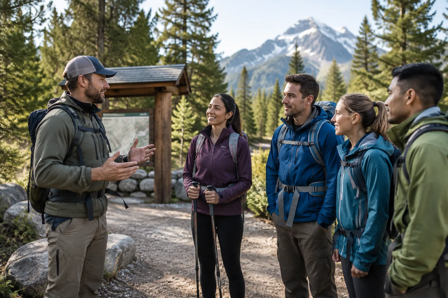 professional outdoor guide welcoming a small group at a maintained trailhead