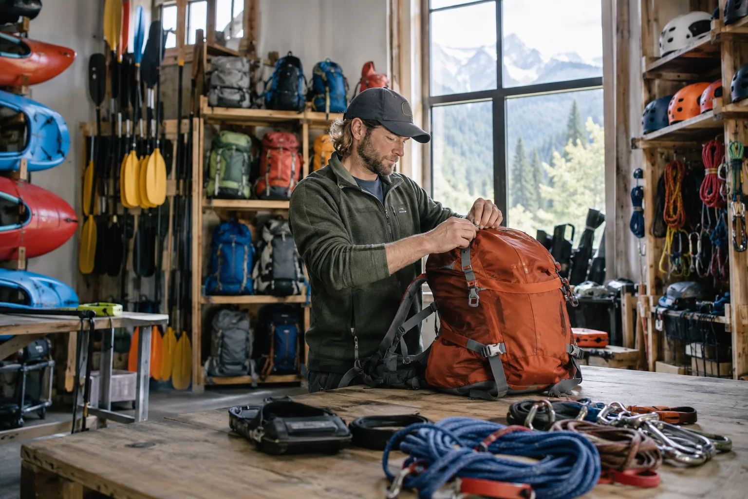 organized outdoor recreation equipment in a professional outfitter workshop