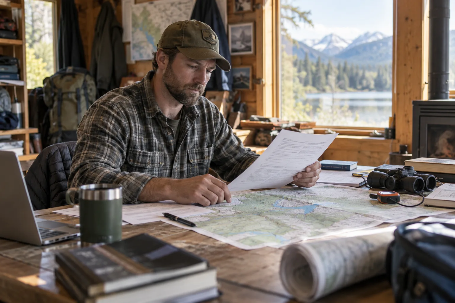 outfitter owner reviewing route plans and operating permits in a cabin office