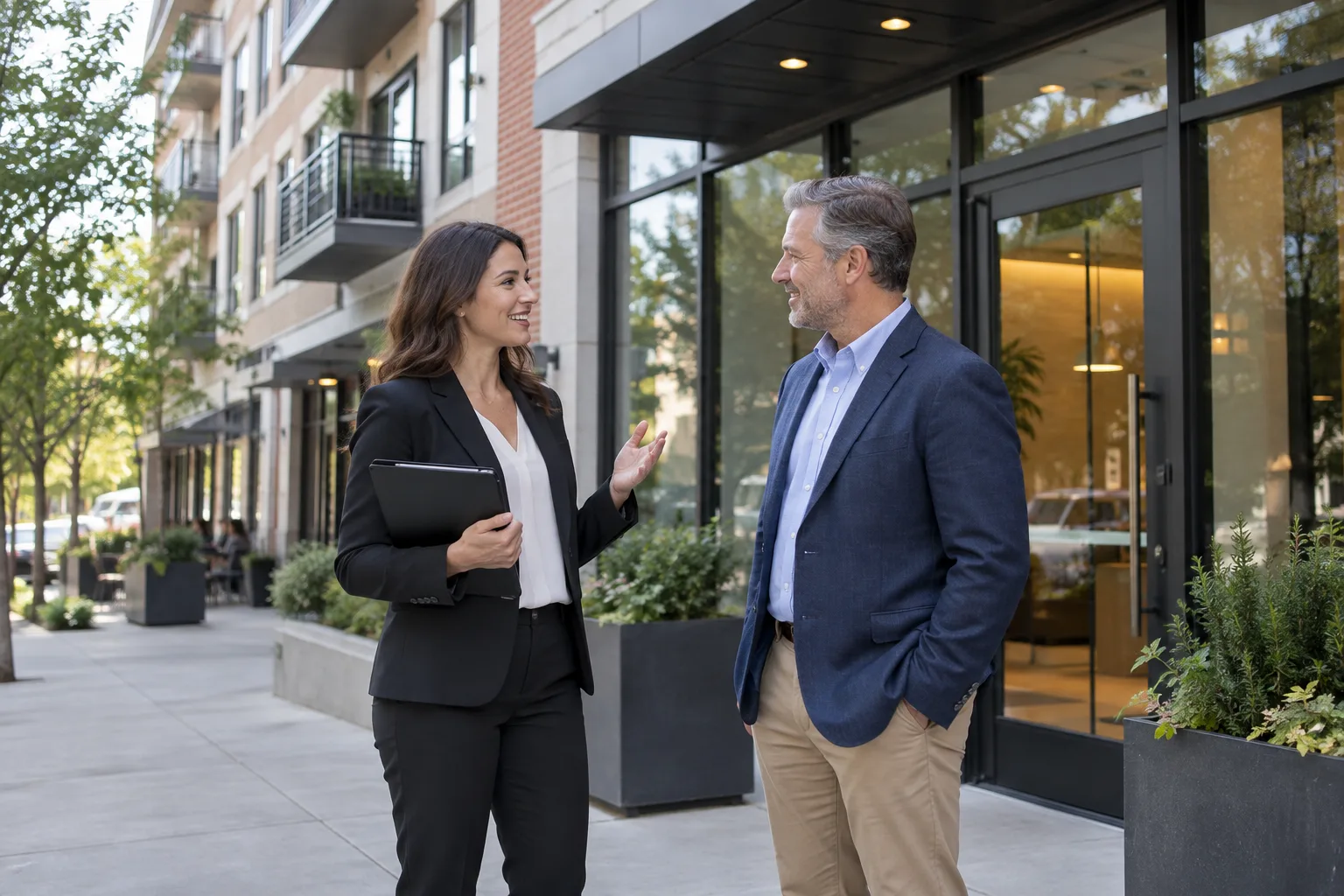 professional property manager meeting a building owner outside a well-maintained mixed-use property