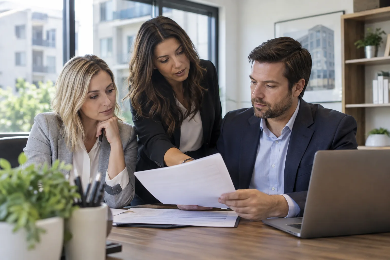 property management staff reviewing lease documents in an office