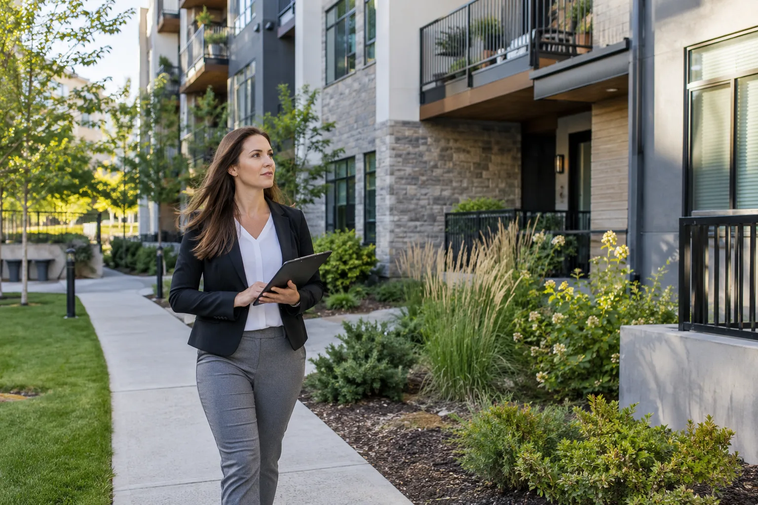 property manager walking the grounds of a residential building portfolio
