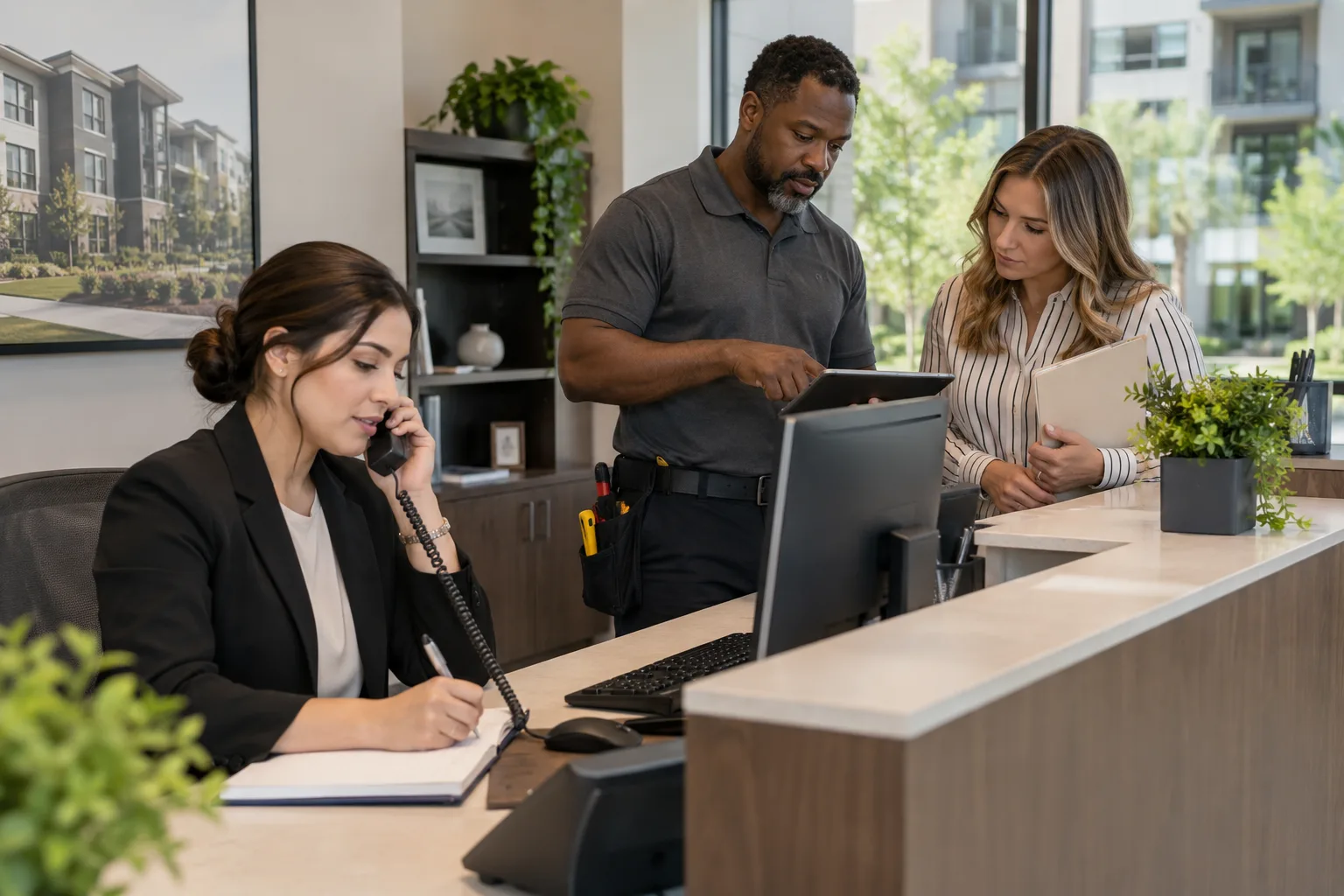 property management team coordinating maintenance requests at a service desk