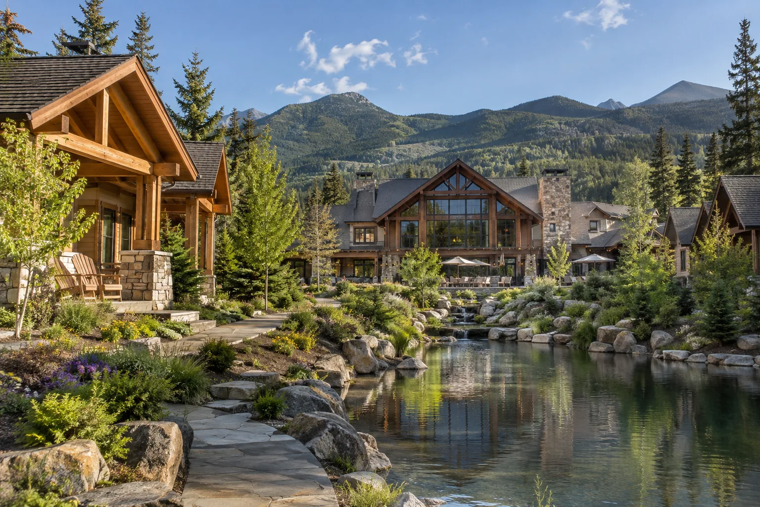 resort guest cabins and central lodge nestled in a landscaped setting
