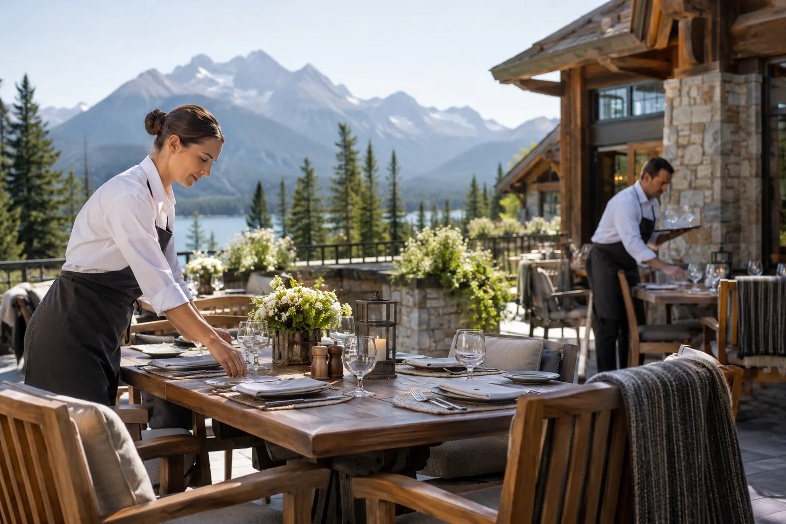 lodge hospitality staff setting an outdoor dining terrace