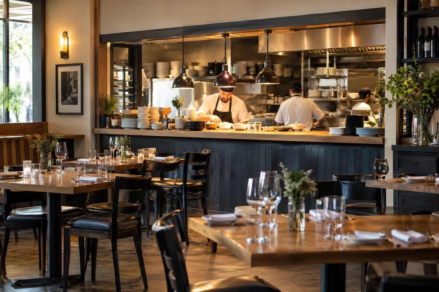 small restaurant interior showing dining space and kitchen pass