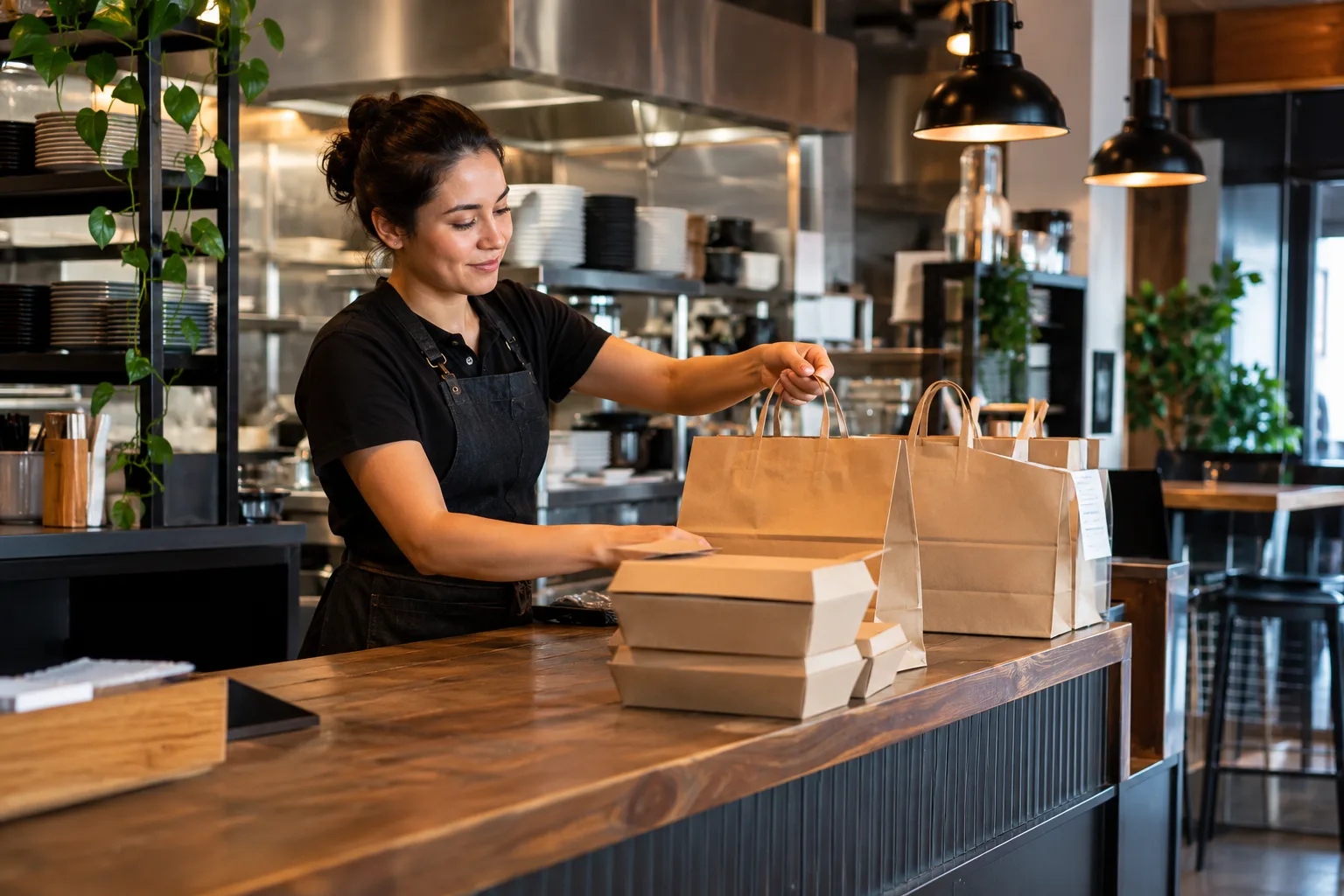 restaurant employee arranging clearly unbranded takeout packages at pickup counter