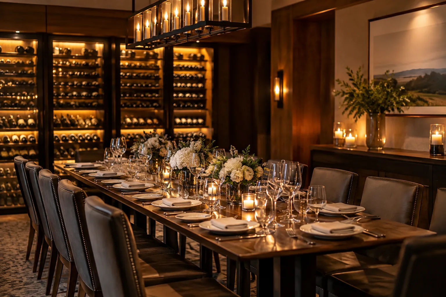 private restaurant dining room set for an evening gathering