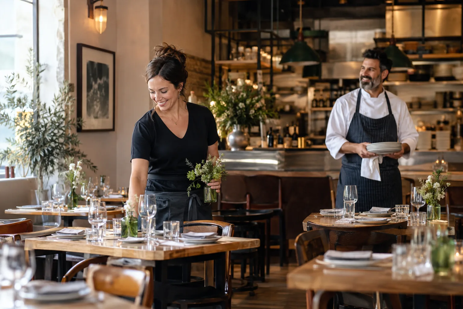independent neighborhood restaurant owner welcoming guests in a warm dining room