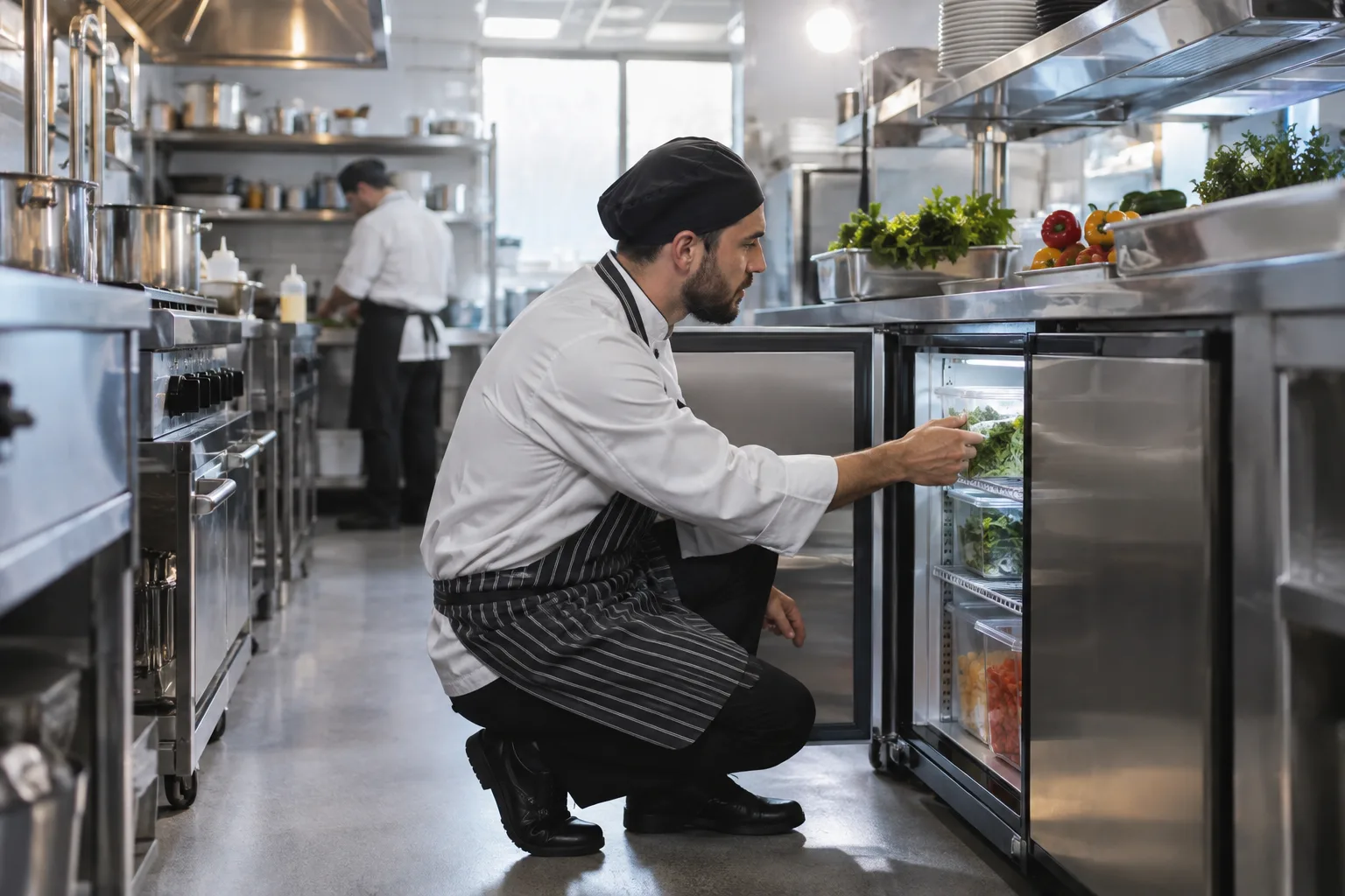 chef checking commercial restaurant refrigeration in an immaculate working kitchen