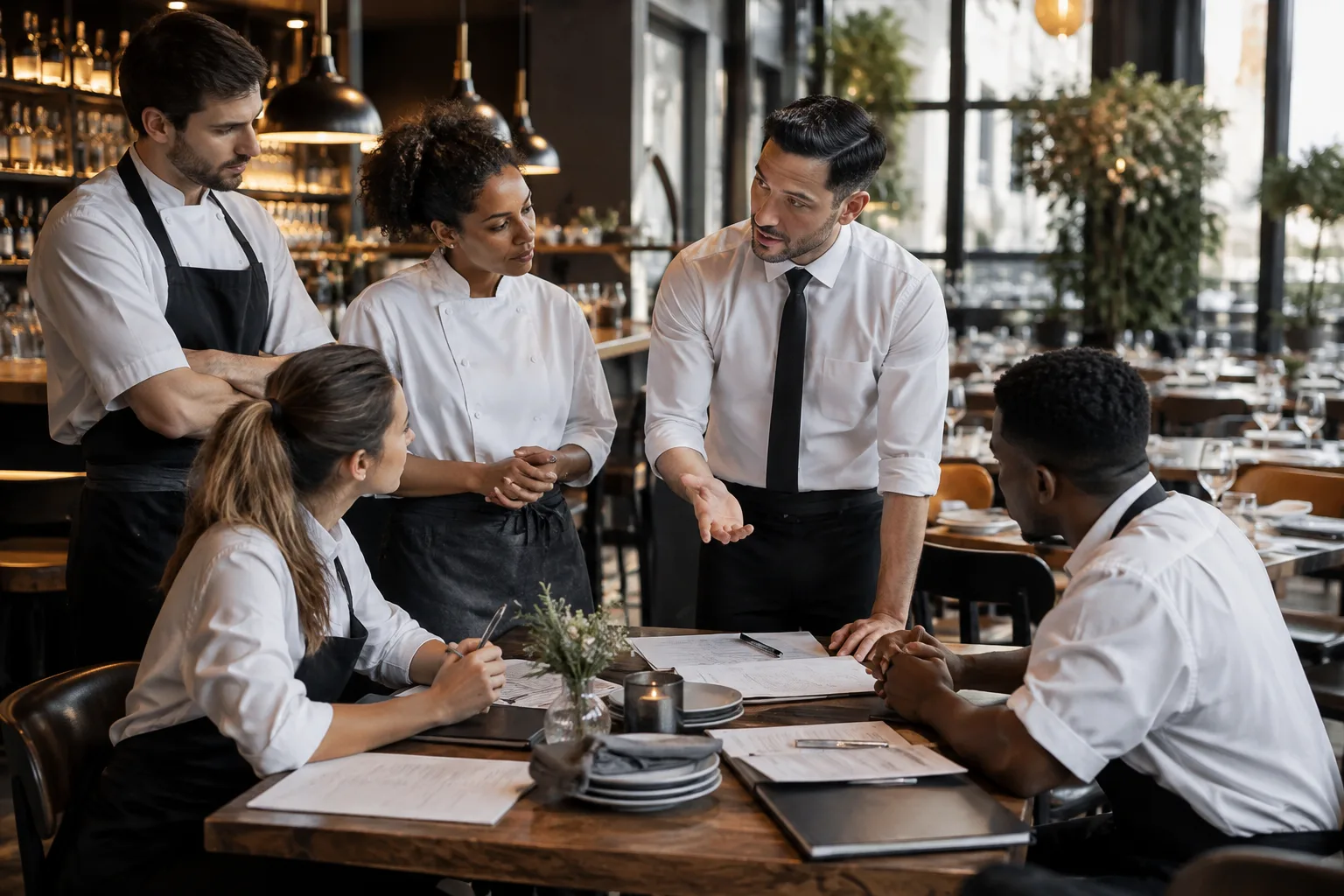 restaurant manager and employees planning service at a table before opening