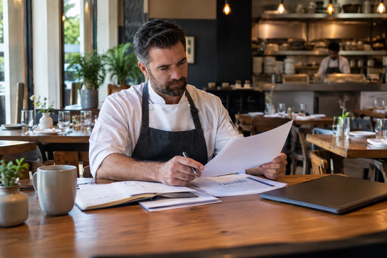restaurant proprietor reviewing business documents beside a closed laptop