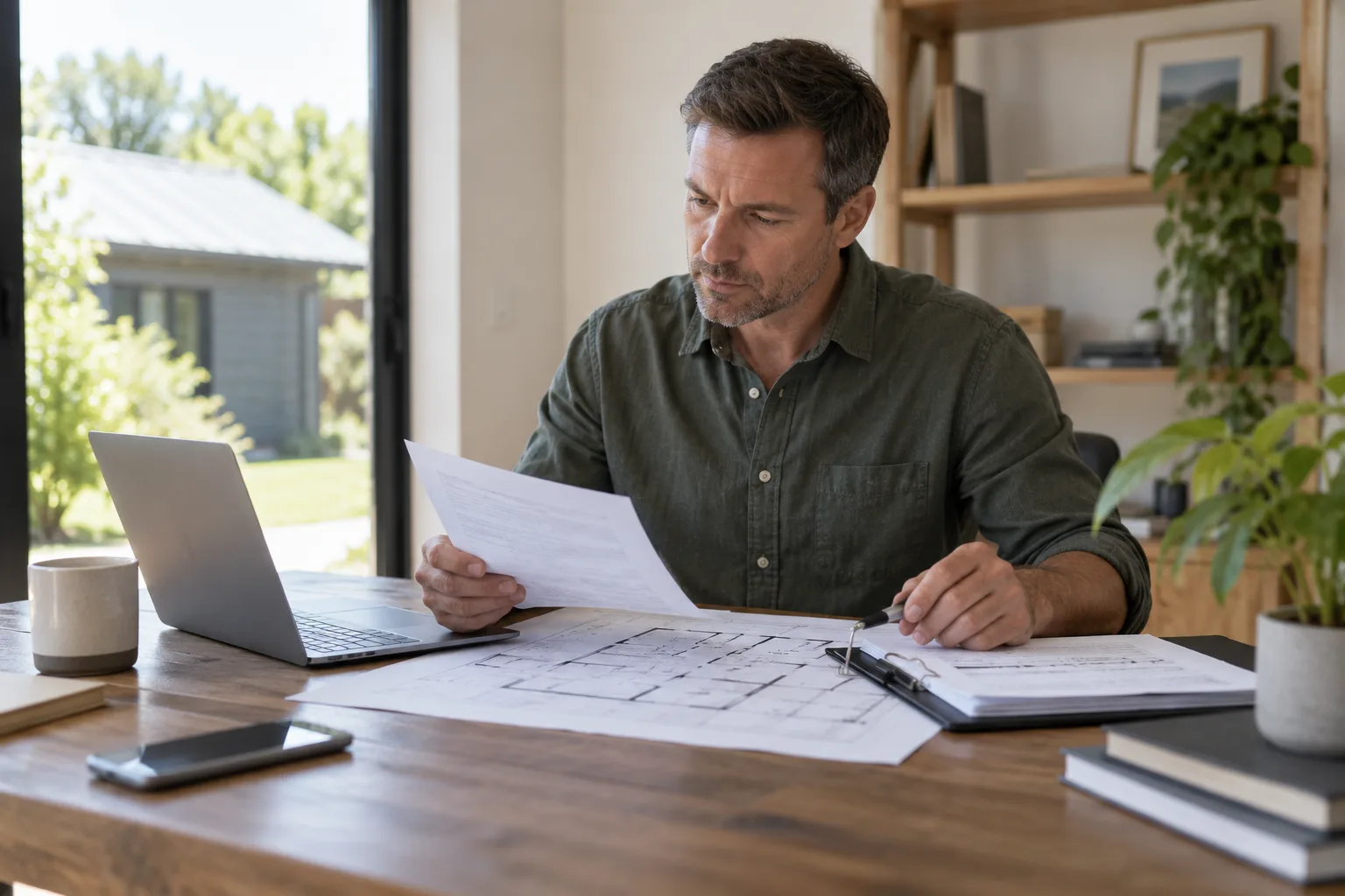 small property owner reviewing maintenance records and a floor plan