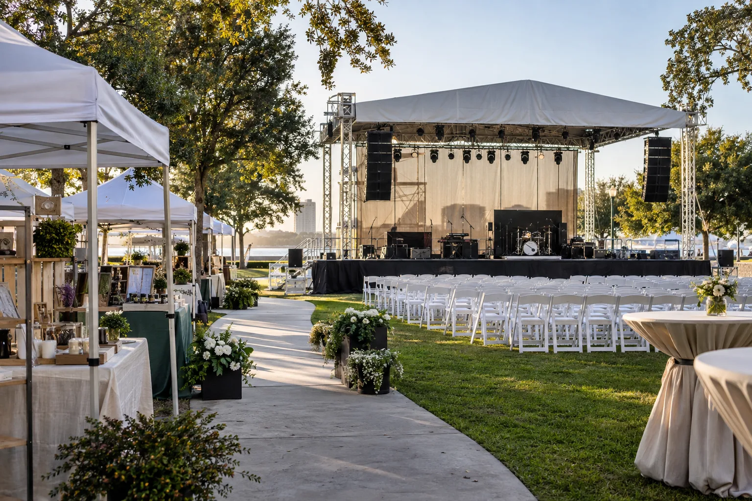 well-organized community event space with vendors and stage prepared before opening