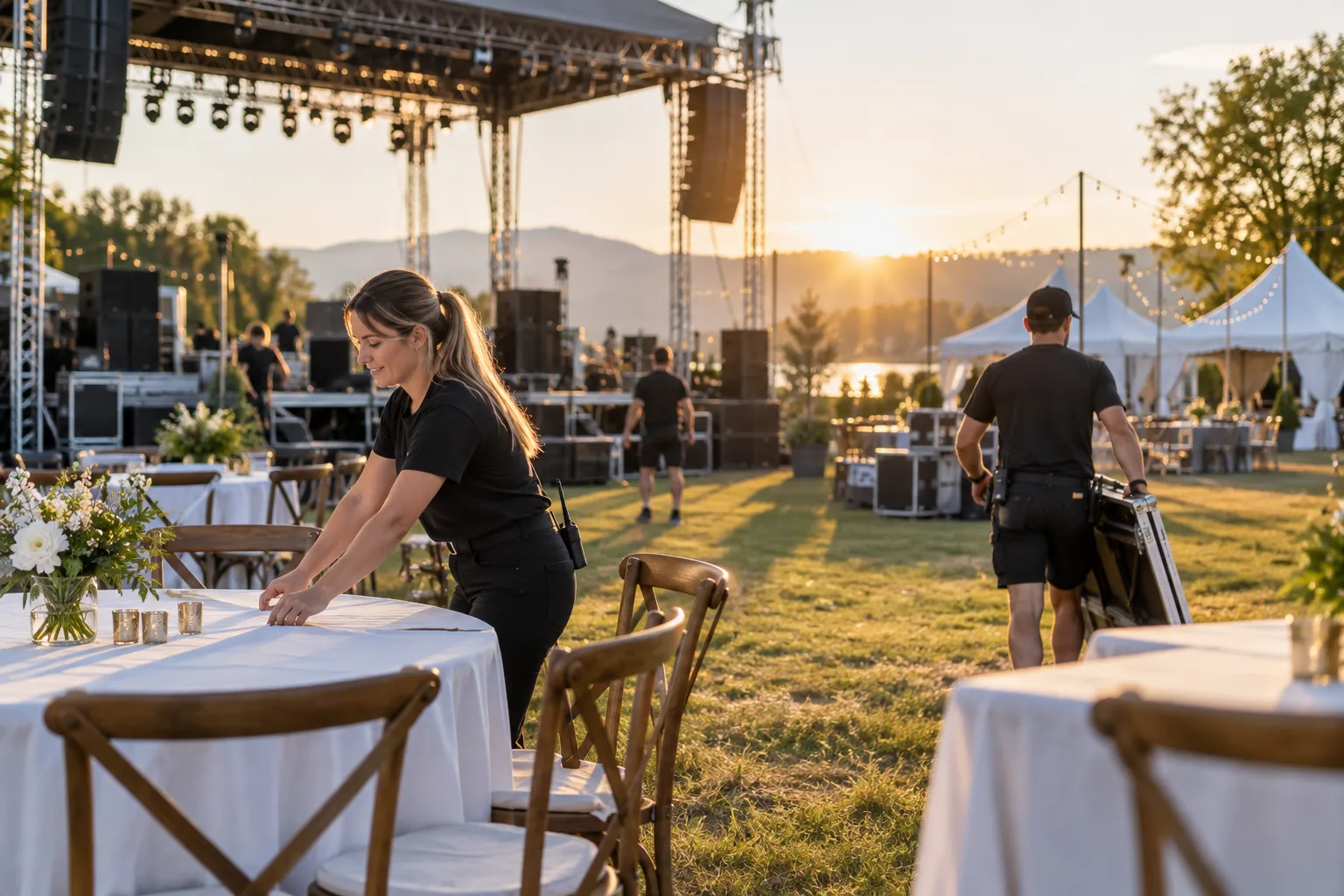 event crew arranging a professionally organized outdoor festival area