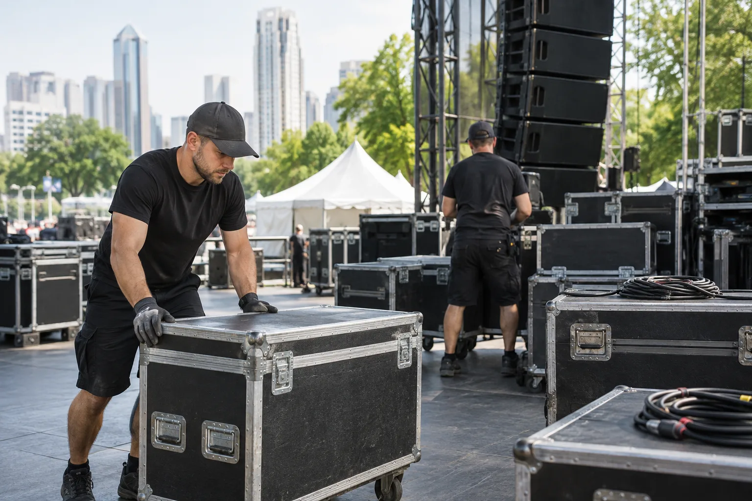 event technicians organizing rental sound equipment and staging cases