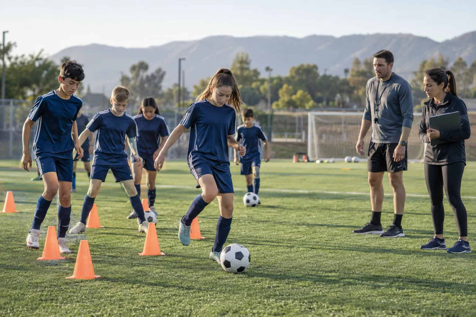 organized sports practice with coaches and players on a safe field