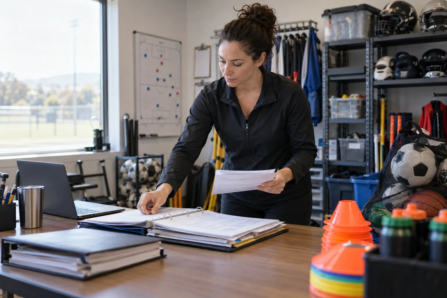 sports program manager organizing equipment and administrative records