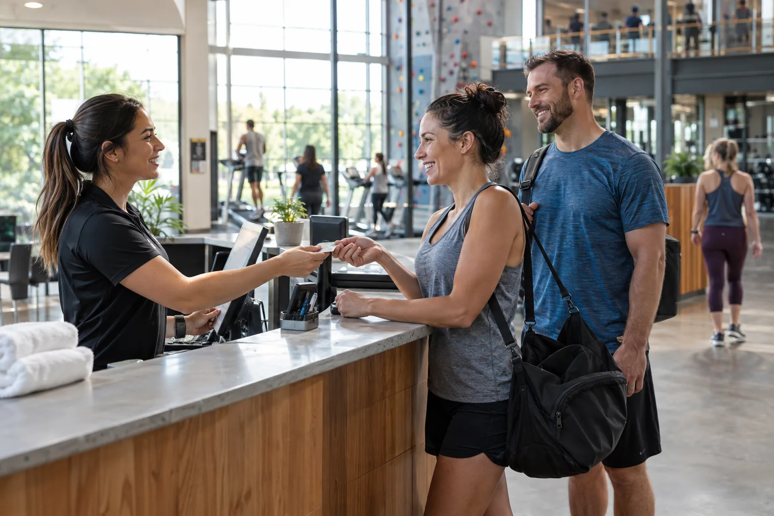 recreation center staff welcoming members at a registration desk