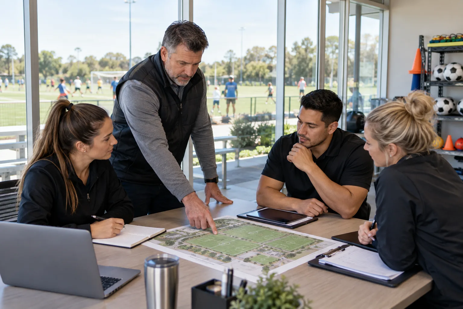 leisure facility manager and staff planning an organized community program