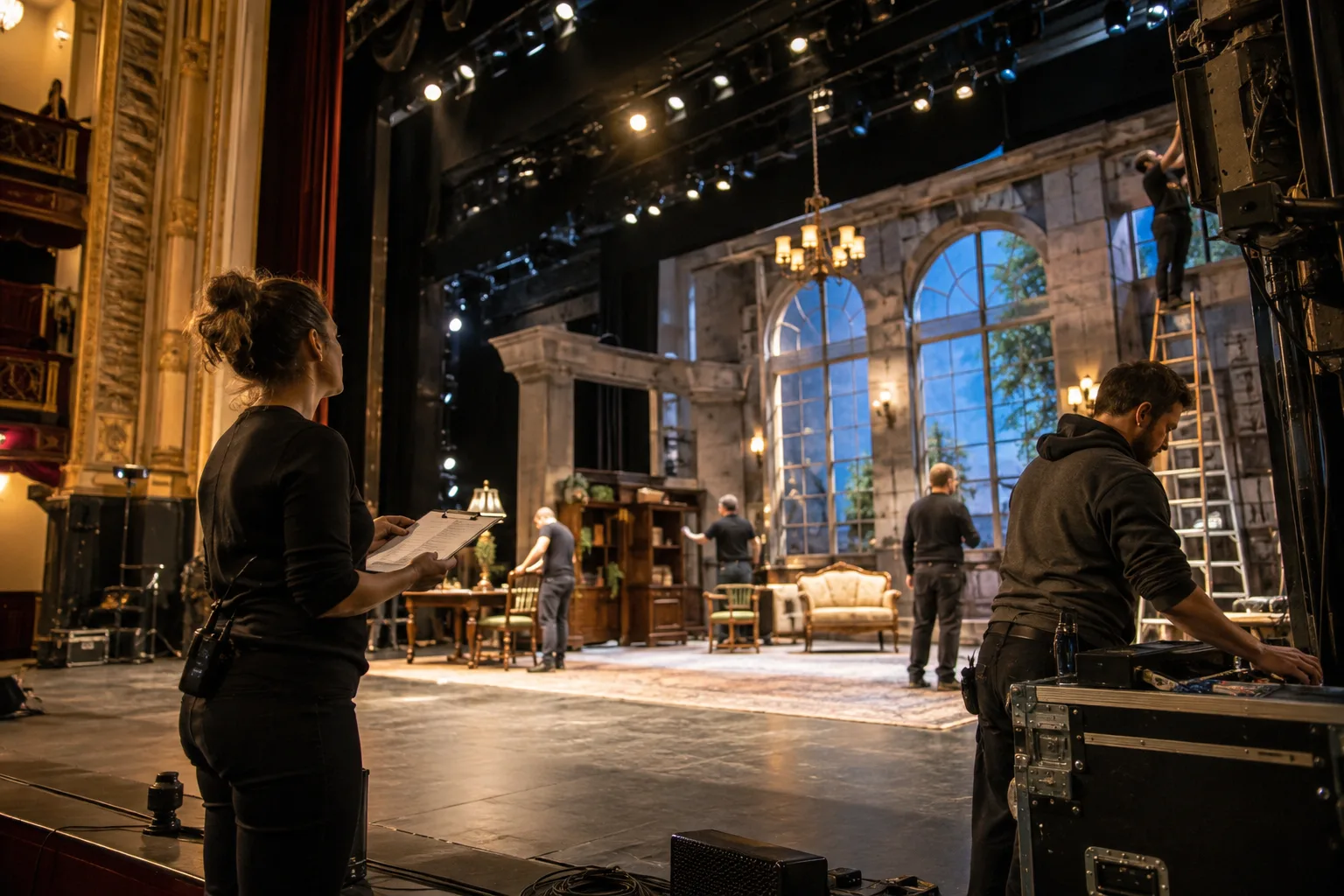 theater production team preparing a beautifully lit stage before rehearsal