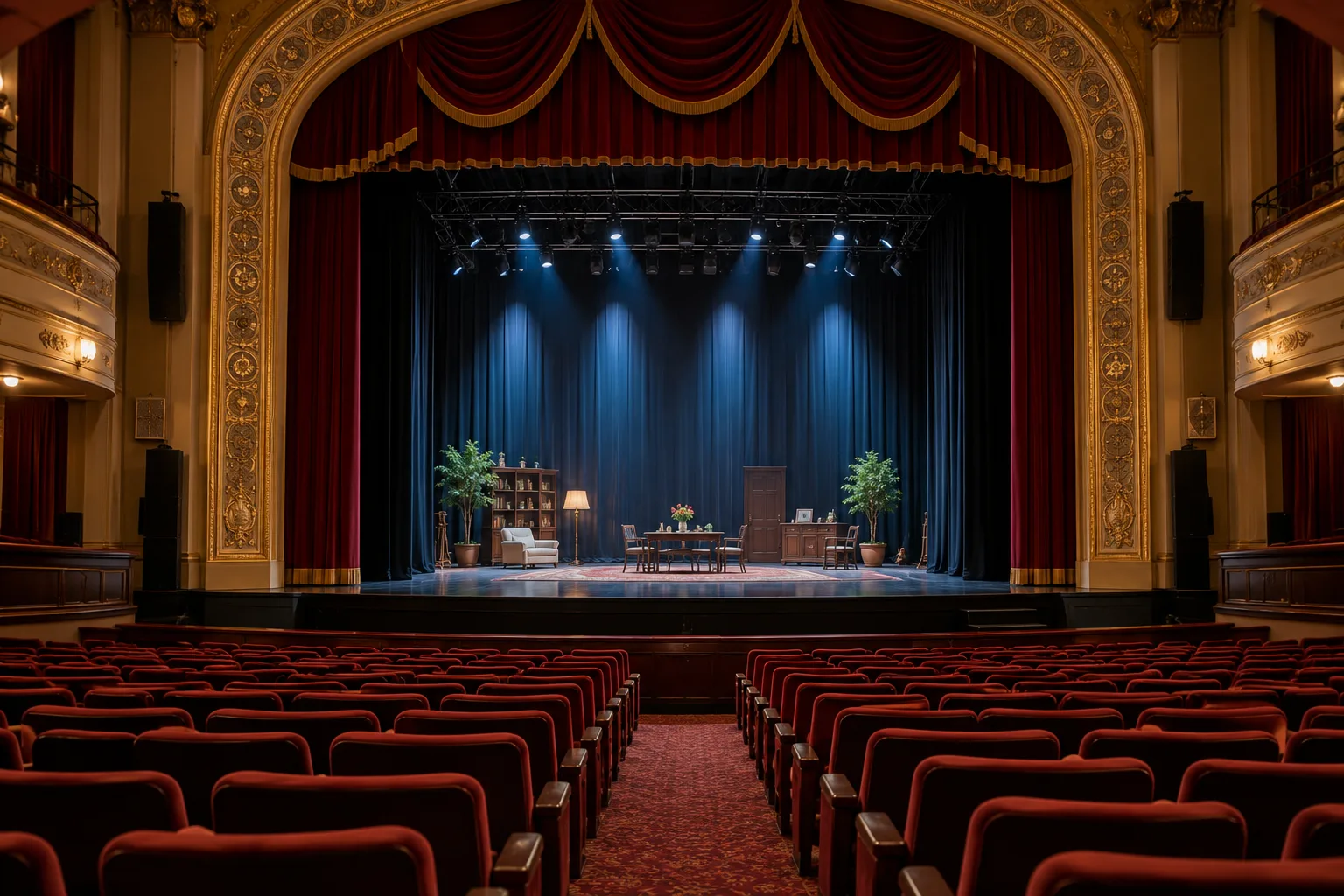 theater auditorium with rows of seats and professionally prepared stage