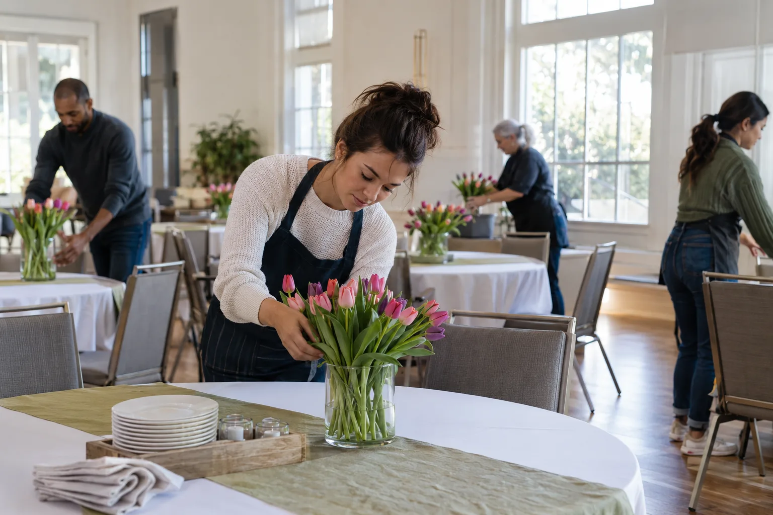 volunteers carefully preparing a rented community room before an event