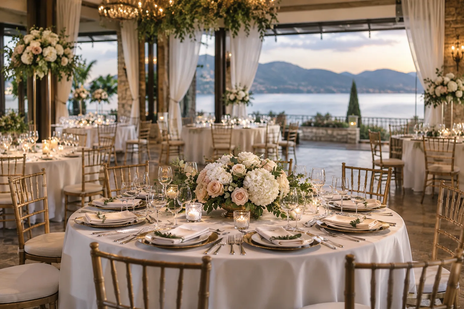 beautiful wedding reception venue set with flowers and elegant tables before guests arrive
