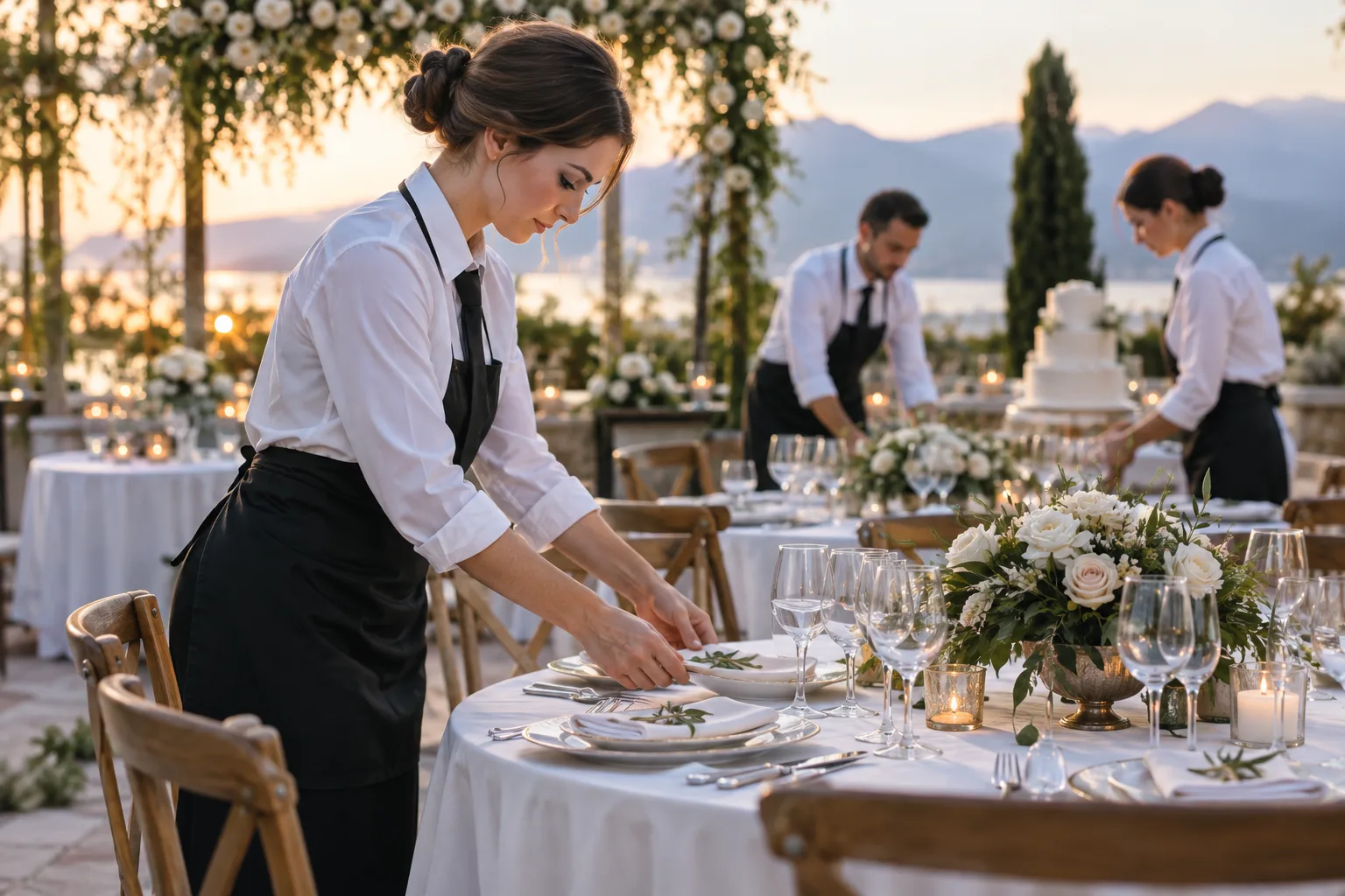 professional wedding catering team preparing an elegant reception