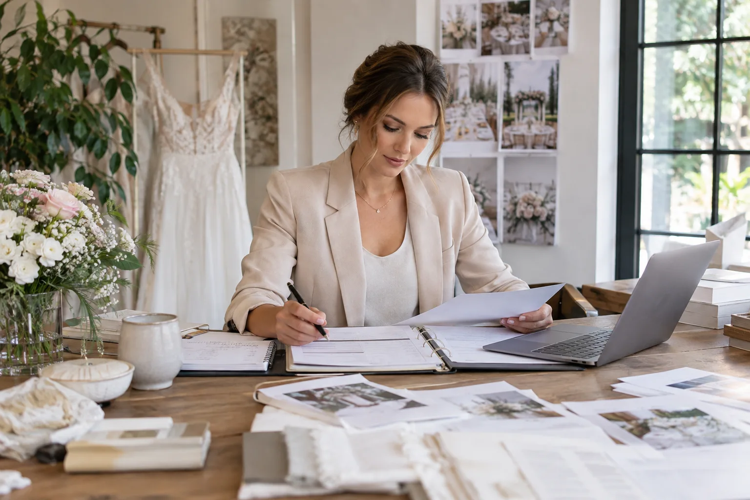 wedding planner arranging organized supplier contracts and schedule